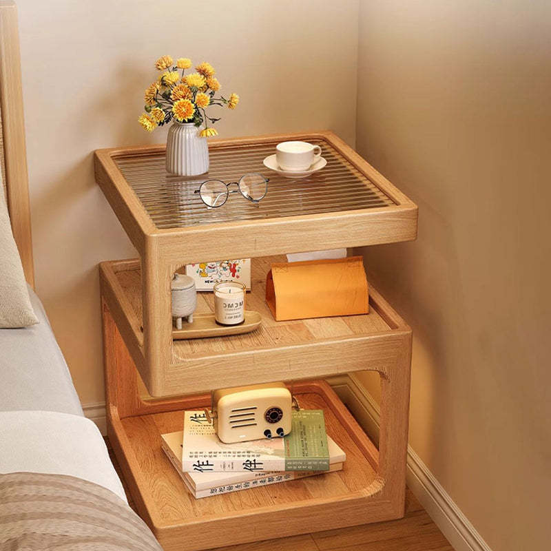 Vintage Glass Wood 3-Tier End Table — Log Color