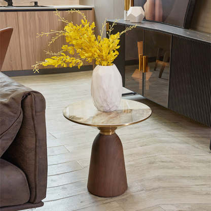 Minimalist Cylinder Rock Slab Metal Coffee Table — Wood Grain