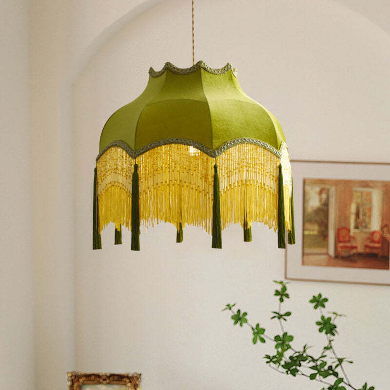 French Vintage Fabric Tassel Brass Pendant Light