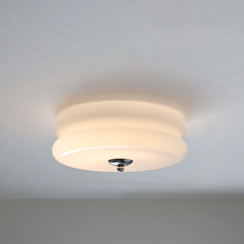 French Minimalist Cream Glass Round LED Flush Mount Light