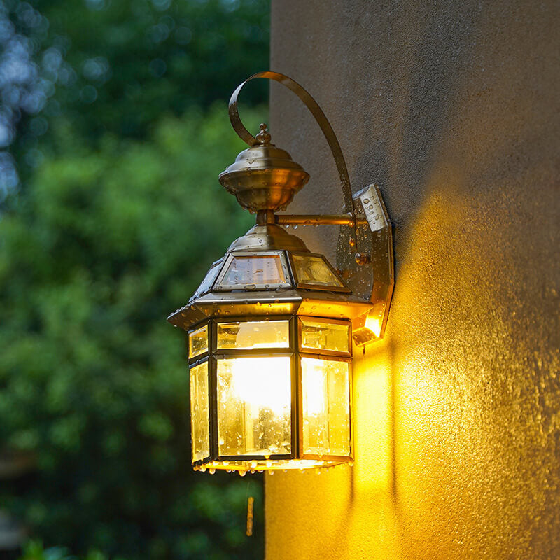 European Hexagonal Cage Glass Copper Outdoor Wall Sconce