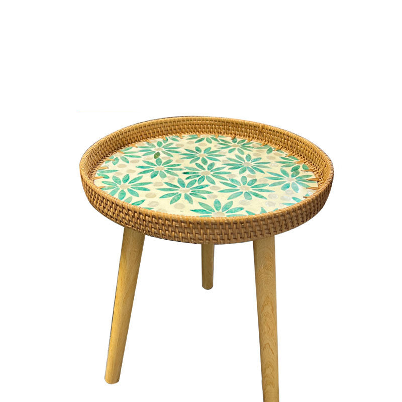 Rustic Handmade Shell Wood Rattan Side Table