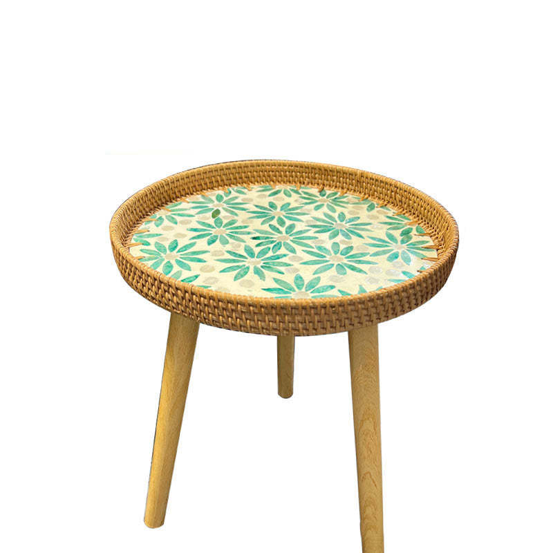 Rustic Handmade Shell Wood Rattan Side Table