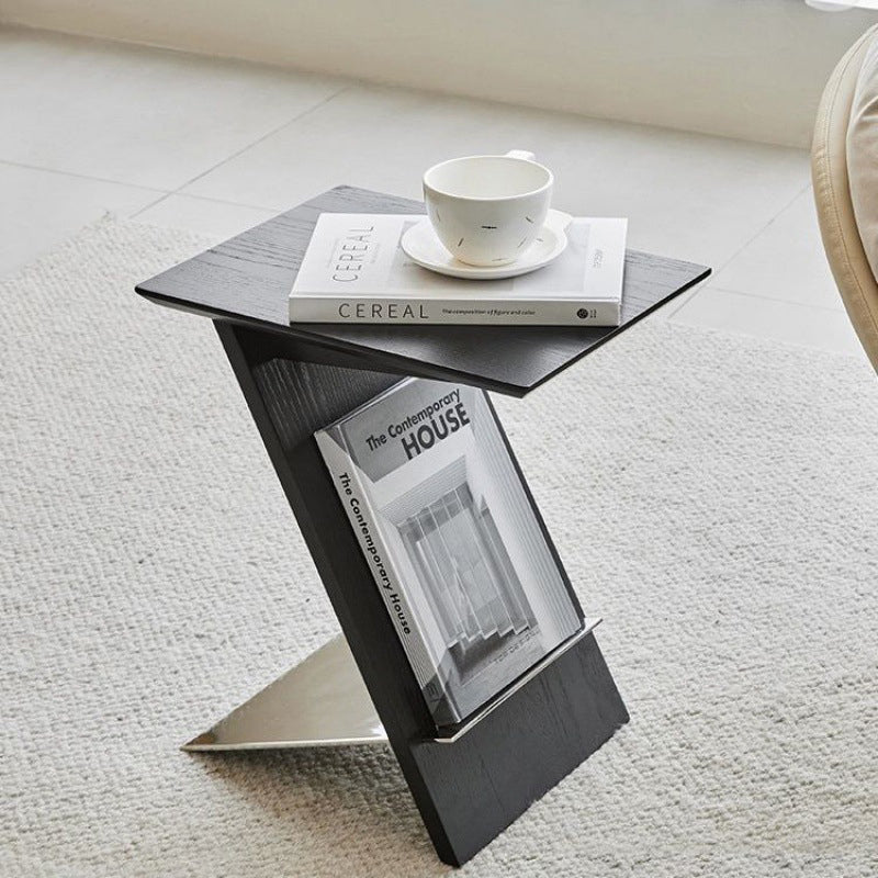 Minimalist Z-Shape Wood Metal End Table — Black