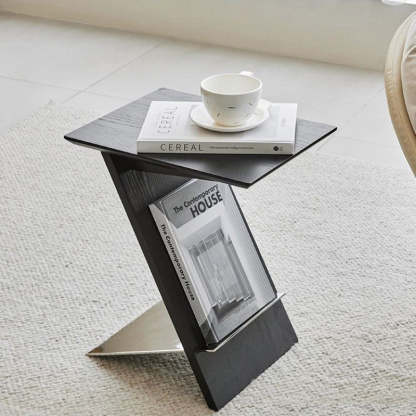 Minimalist Z-Shape Wood Metal End Table — Black