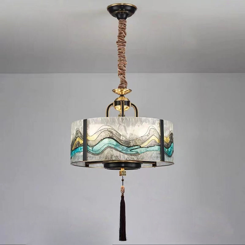 Chinese Enamel Glass Cylinder Brass Chandelier