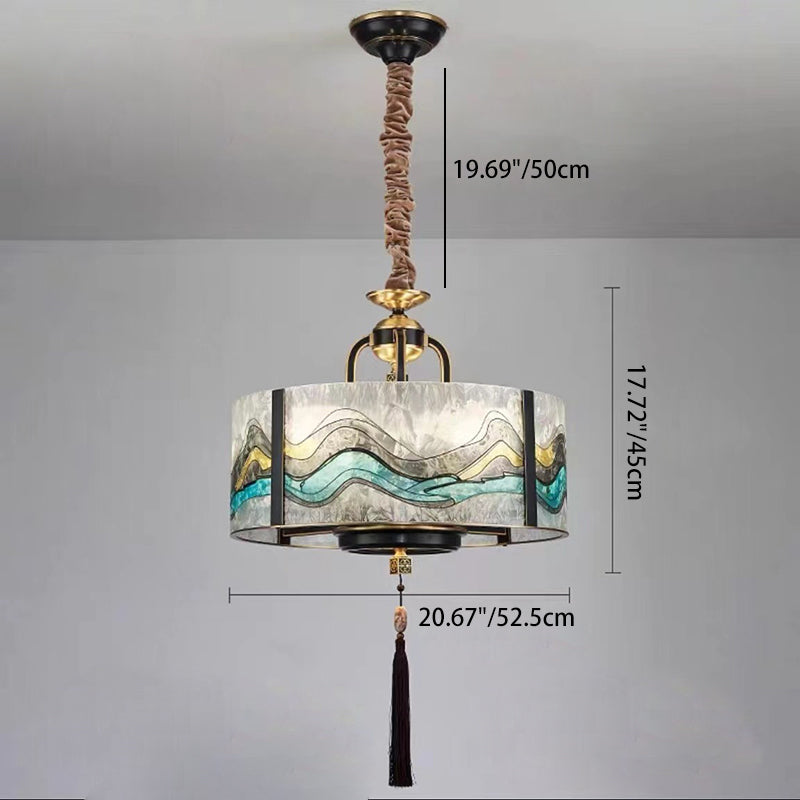 Chinese Enamel Glass Cylinder Brass Chandelier