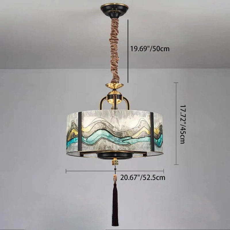 Chinese Enamel Glass Cylinder Brass Chandelier