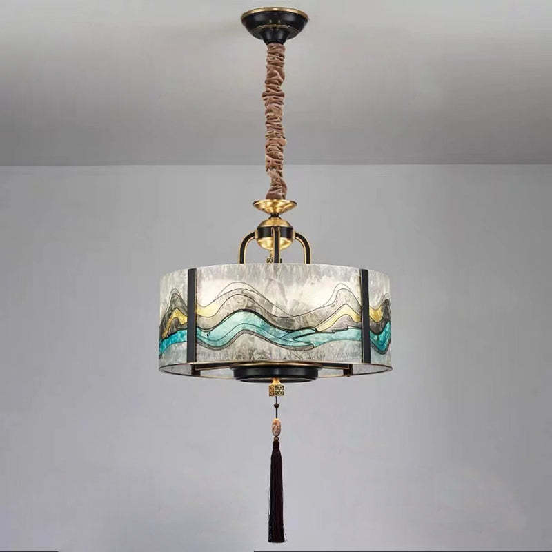Chinese Enamel Glass Cylinder Brass Chandelier
