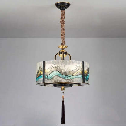 Chinese Enamel Glass Cylinder Brass Chandelier