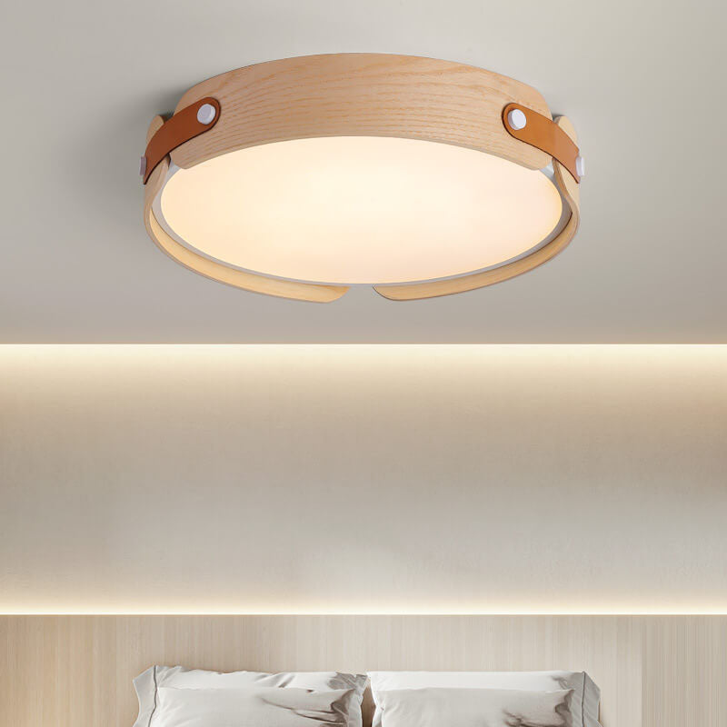 Minimalist Solid Wood Round Leather LED Flush Light