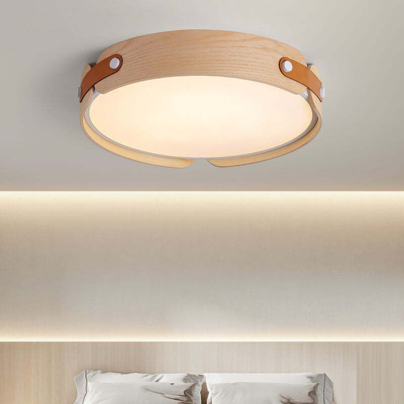 Minimalist Solid Wood Round Leather LED Flush Light