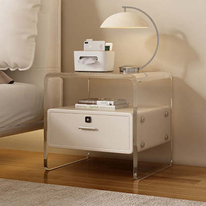 Minimalist Acrylic Wood Metal 1-Drawer Nightstand — Without Fingerprint Lock / Beige