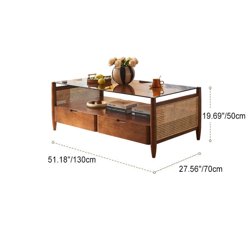 Japanese Woven Ash Glass 4-Drawer Coffee Table