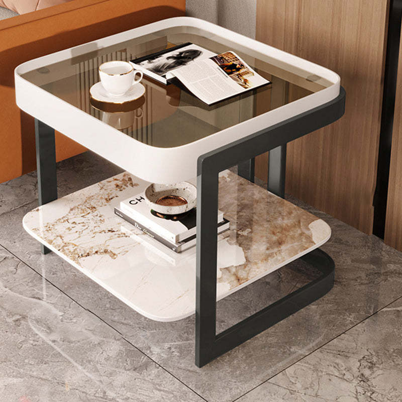 Modern Luxury Glass Rock Slab Iron 2-Tier Coffee Table — White Frame + Gray Rock Slab