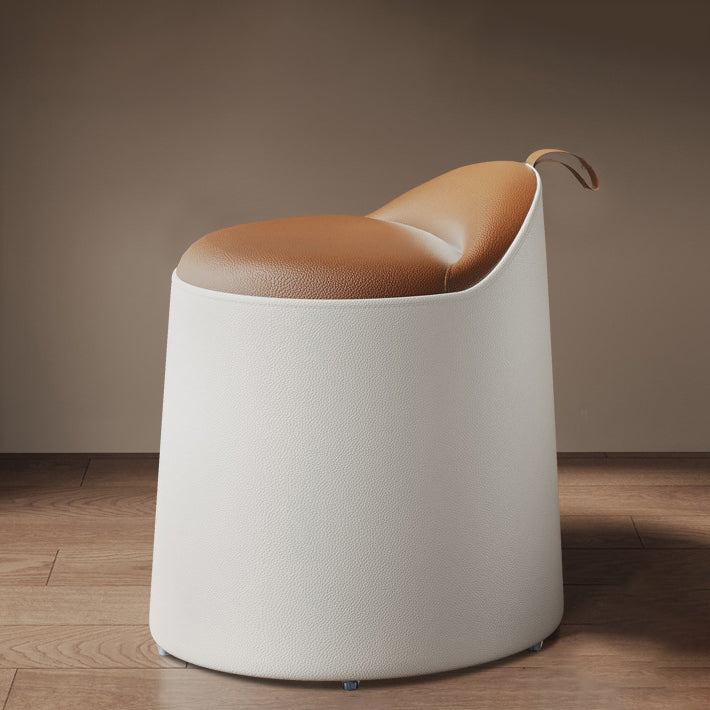 Modern Leather Wood Cylinder Vanity Stool — No Swivel / Brown