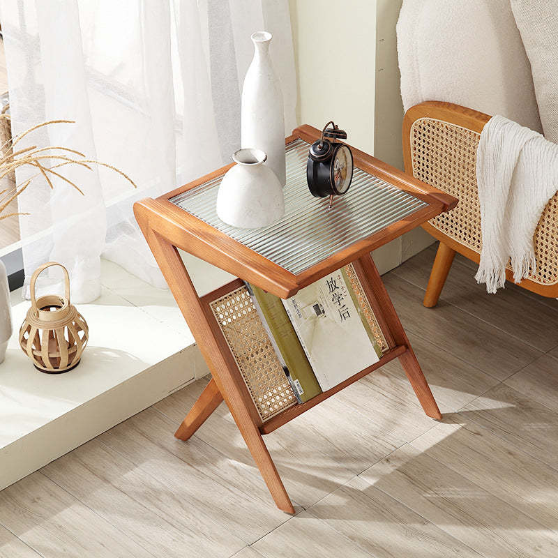 Japanese Rattan Rectangular Side Table 1-Shelf