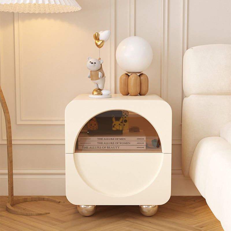 Minimalist Wood Glass Rounded Rectangular Nightstand
