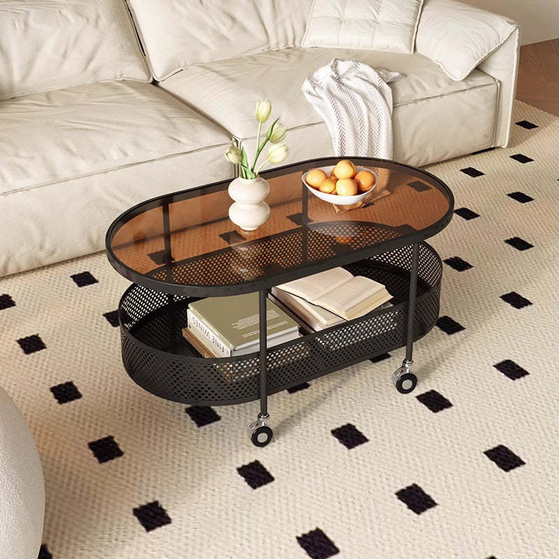 Modern Oval Glass Iron Movable Side Table — Black