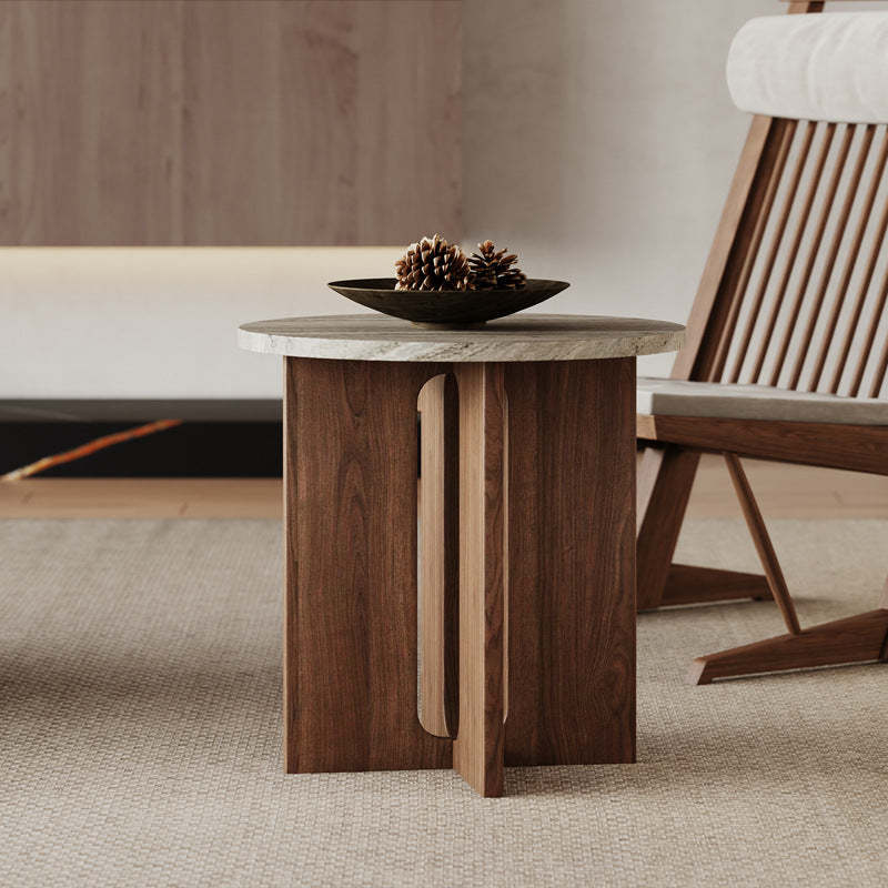 Vintage Cross-Base Travertine Wood Round Coffee Table — Brown