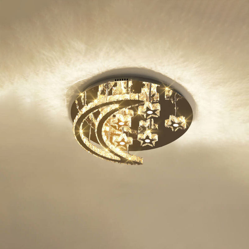 Romantic Stainless Steel Crystal Star Moon LED Flush Light — 8 Star / 220V-240V For UK/AU / Infinitely Dimmable