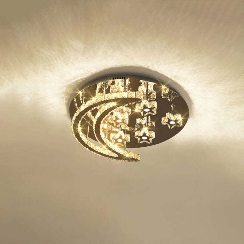 Romantic Stainless Steel Crystal Star Moon LED Flush Light — 8 Star / 220V-240V For UK/AU / Infinitely Dimmable