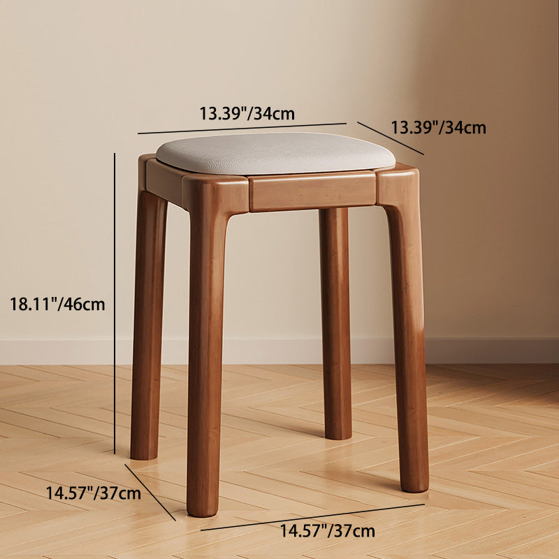 Modern Wood Leather Backless Vanity Stool — White Seat + Wood Color Legs