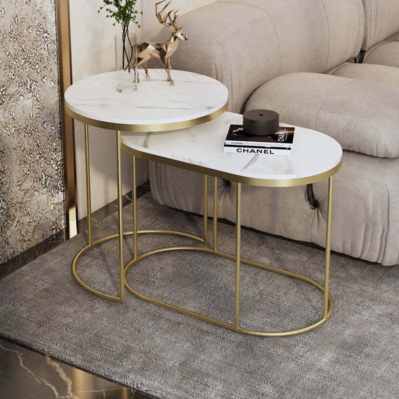 Luxury Oval Sintered Stone Nesting End Table — Snow Mountain White Tabletop + Gold Frame