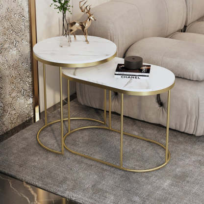 Luxury Oval Sintered Stone Nesting End Table — Snow Mountain White Tabletop + Gold Frame