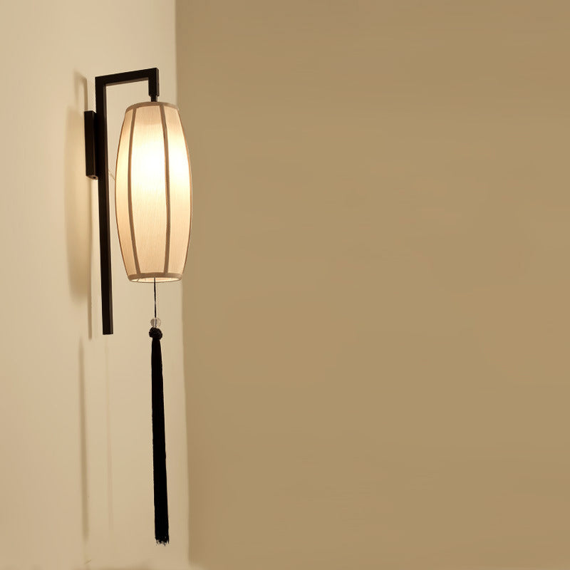 Chinese Vintage Painted Fabric Lantern Tassel Sconce — Celadon Pattern Shade / 220V-240V For UK/AU