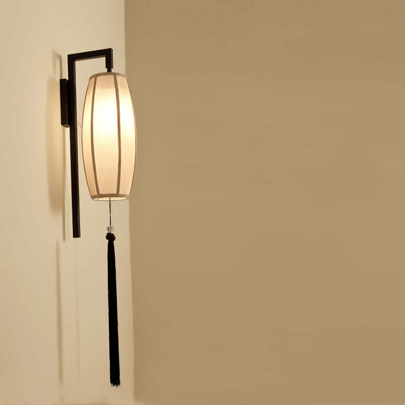 Chinese Vintage Painted Fabric Lantern Tassel Sconce — Celadon Pattern Shade / 220V-240V For UK/AU