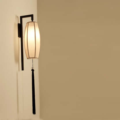 Chinese Vintage Painted Fabric Lantern Tassel Sconce — Celadon Pattern Shade / 220V-240V For UK/AU