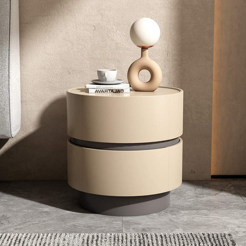 Minimalist Cylinder Wood 2-Drawer Nightstand — Beige & Dark Gray