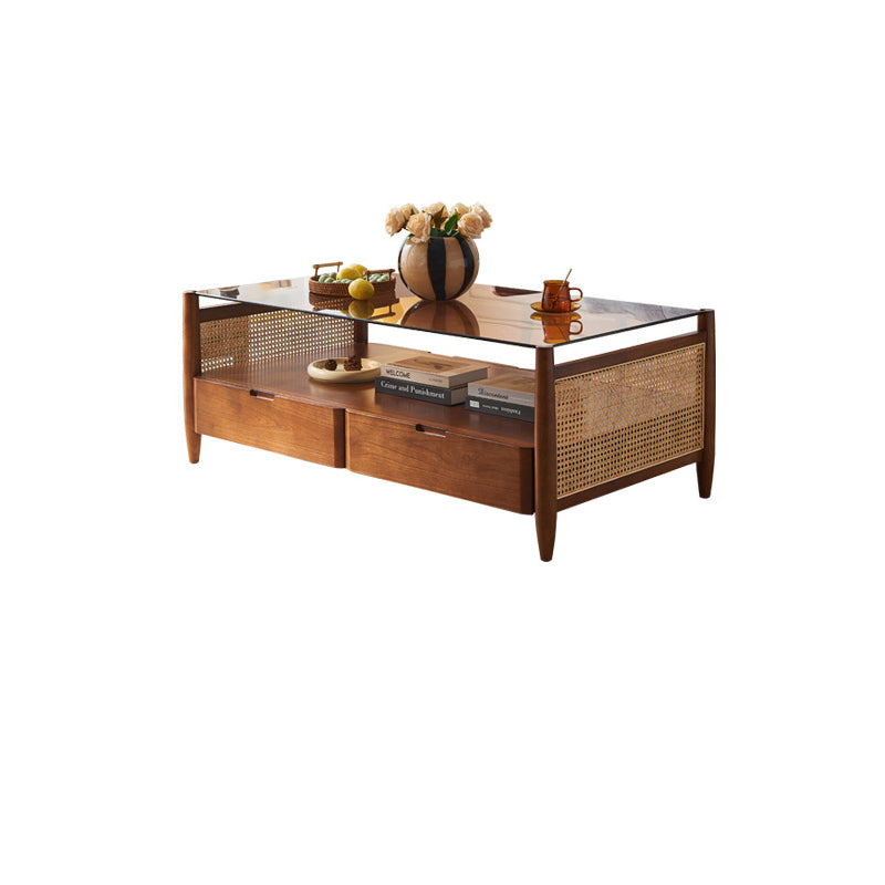 Japanese Woven Ash Glass 4-Drawer Coffee Table