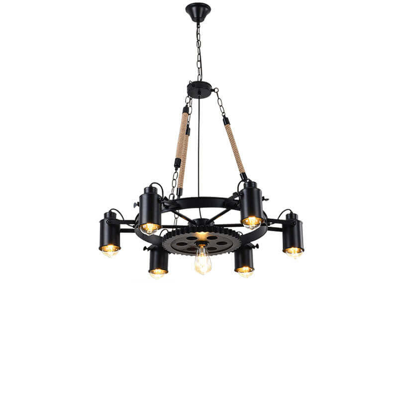 Industrial Retro Gear Wrought Iron Hemp Rope Chandelier
