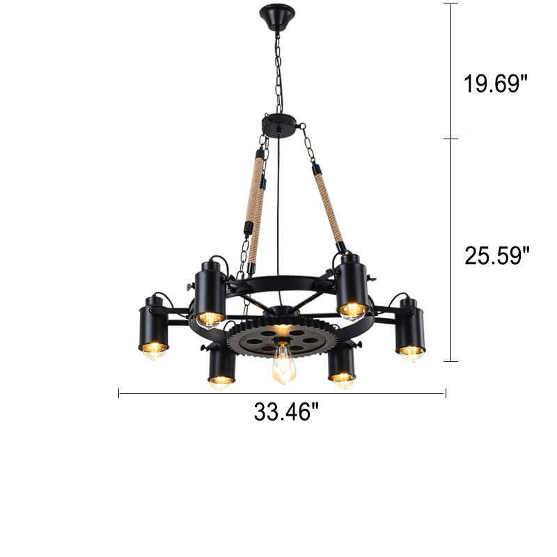 Industrial Retro Gear Wrought Iron Hemp Rope Chandelier