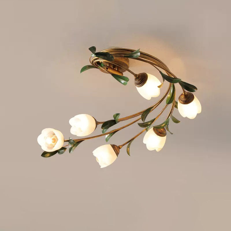French Floral Iron Glass 6-Light Flush Mount