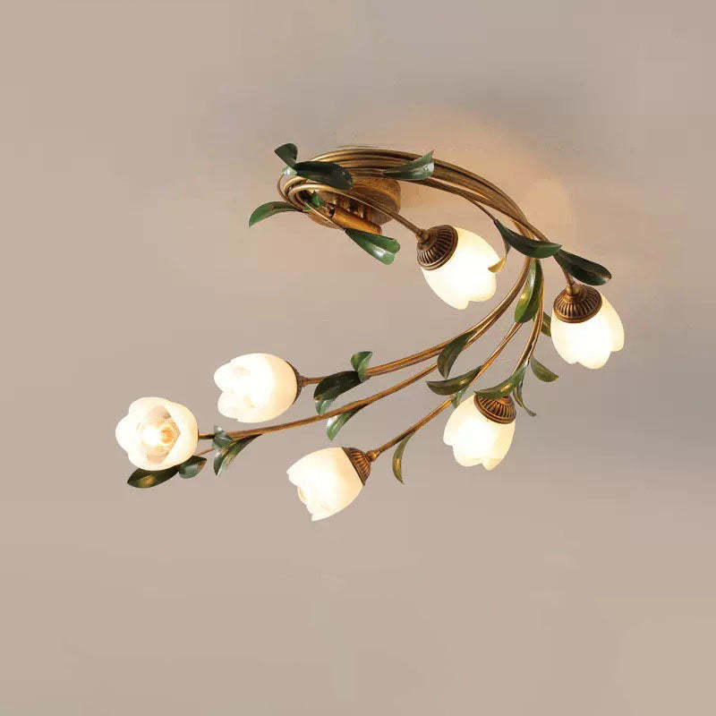 French Floral Iron Glass 6-Light Flush Mount