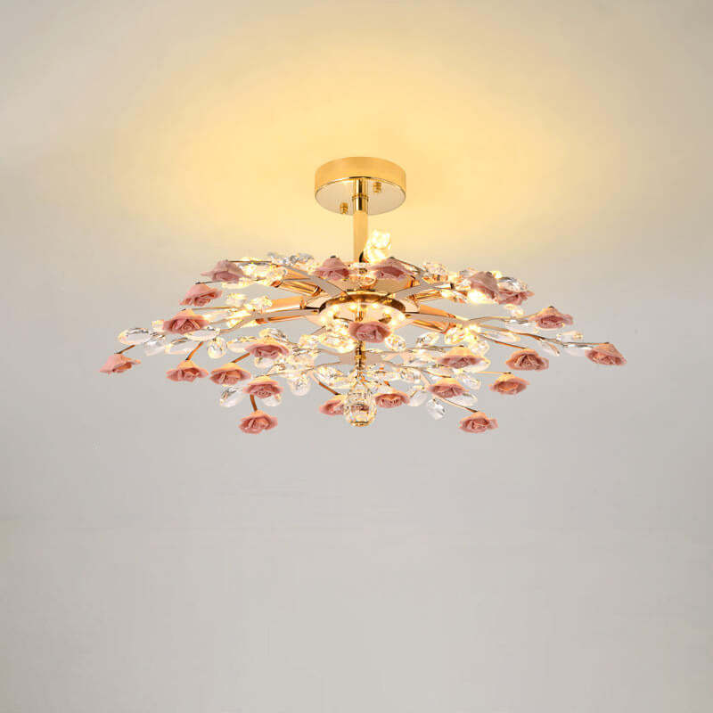 Modern Luxury Rose Iron Ceramic Crystal Chandelier