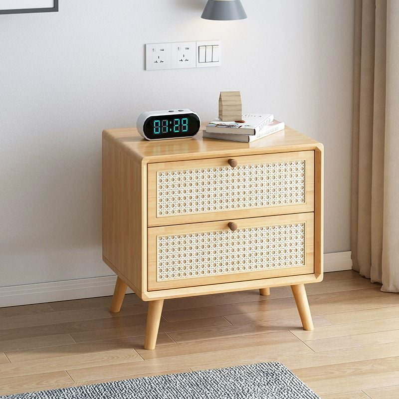 Modern Wood Rattan 2-Drawer Side Table — Log Color