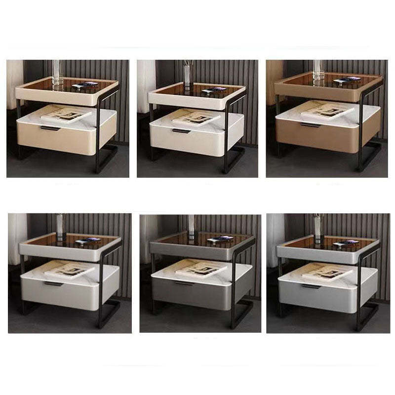 Nordic Reinforced Glass Leather Wood Nightstand 1-Drawer