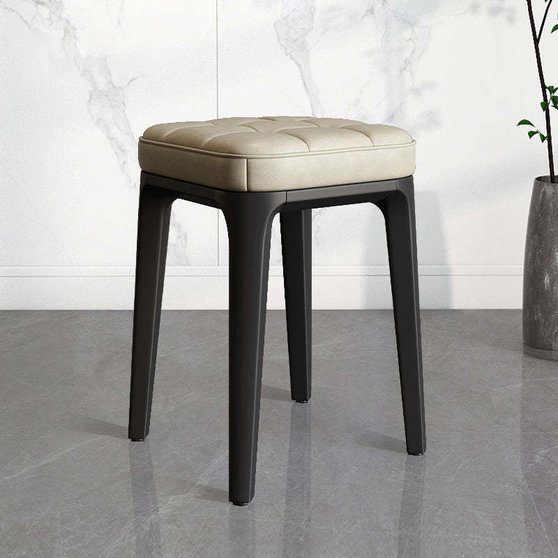 Contemporary Plaid Microfiber Leather Square Vanity Stool — Beige