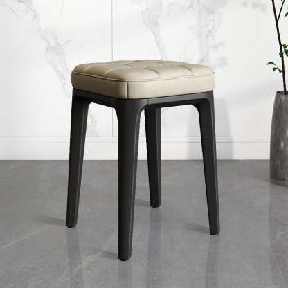 Contemporary Plaid Microfiber Leather Square Vanity Stool — Beige