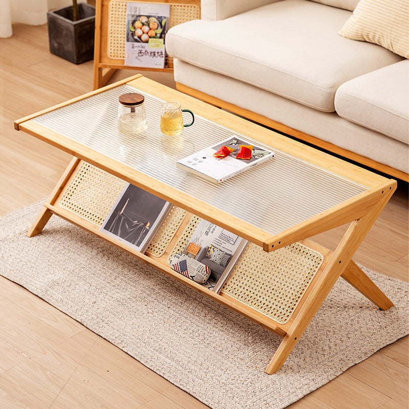Japanese Z-Shape Wood Glass Rattan Coffee Table