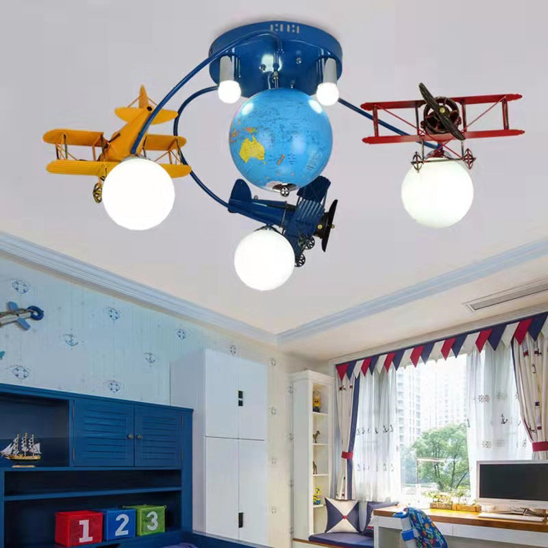 Art Deco Orb Airplane Globe Glass Iron Kids Flush Light