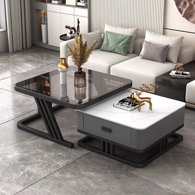 Modern Iron Frame Nesting Coffee Table — Gray Glass Tabletop + White Slate Tabletop +Gray Drawer