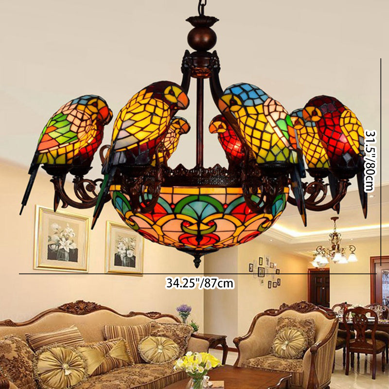 Traditional Tiffany Metal Glass Dome Parrot Chandelier
