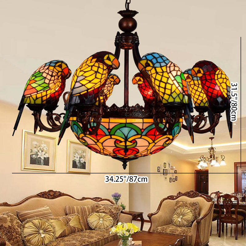 Traditional Tiffany Metal Glass Dome Parrot Chandelier