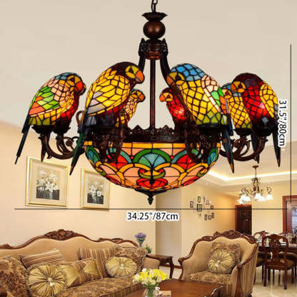 Traditional Tiffany Metal Glass Dome Parrot Chandelier