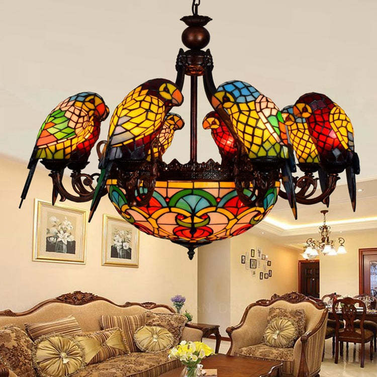 Traditional Tiffany Metal Glass Dome Parrot Chandelier — 110V-120V For US/CA